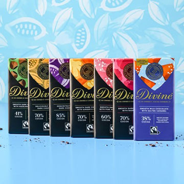 a group of many different best selling divine chocolate bars