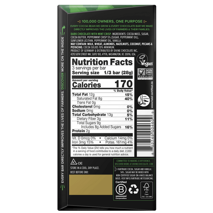 70% Dark Chocolate with Mint Crisp Sharing Bar, 3 oz.