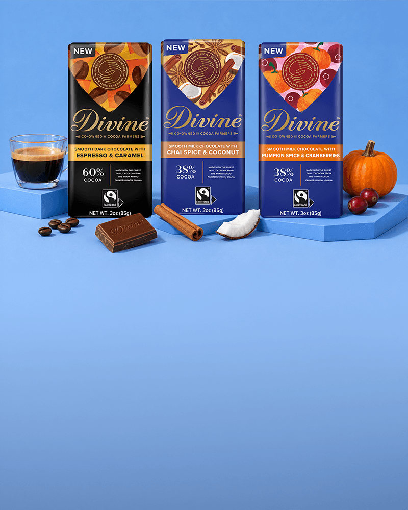 Mobile banner showcasing three limited-edition Divine chocolate bars—Espresso & Caramel, Chai Spice & Coconut, and Pumpkin Spice & Cranberries—arranged with espresso, coffee beans, chocolate, cinnamon, coconut, pumpkin, and cranberries on a clean blue background.