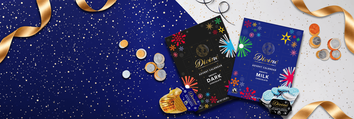 Divine Chocolate holiday collection featuring dark and milk chocolate Advent calendars and foil-wrapped chocolate coins on a festive blue and silver background with gold ribbons and confetti.
