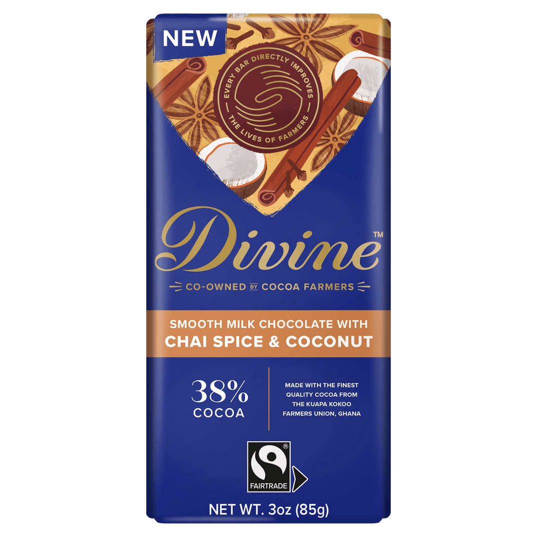 Divine chocolate bar packaging with blue background and text
