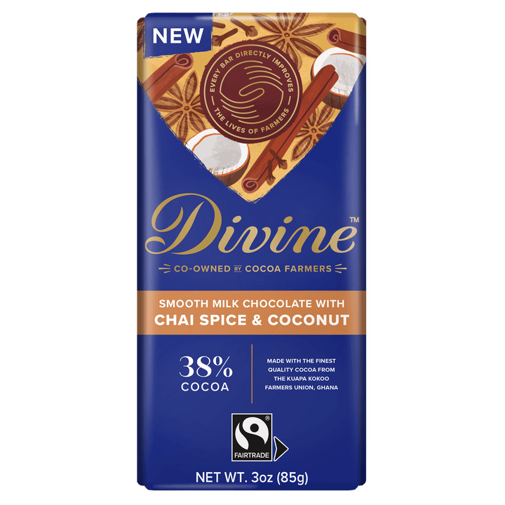 Divine chocolate bar packaging with blue background and text