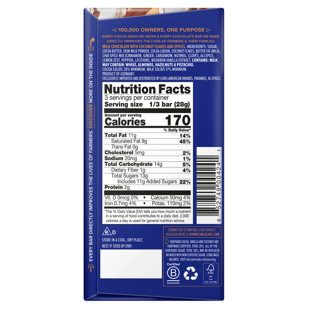 Nutrition facts label on a blue chocolate bar packaging