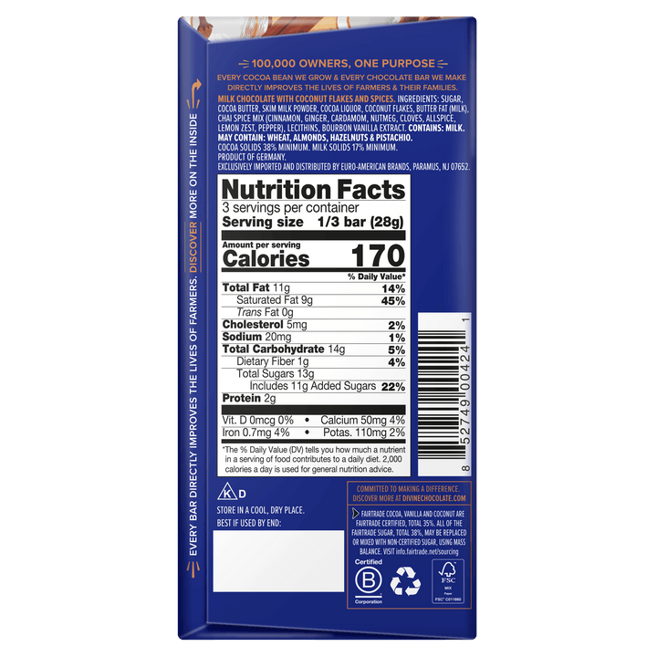 Nutrition facts label on a blue chocolate bar packaging