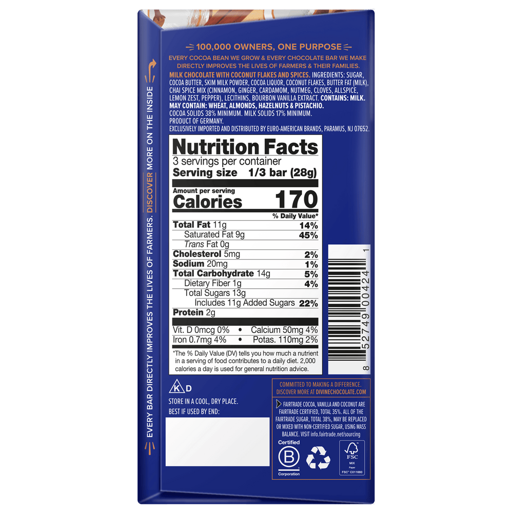 The back of a dark blue chocolate bar package, showing the Nutrition Facts panel, ingredients list, barcode, and recycling icons on a white background.