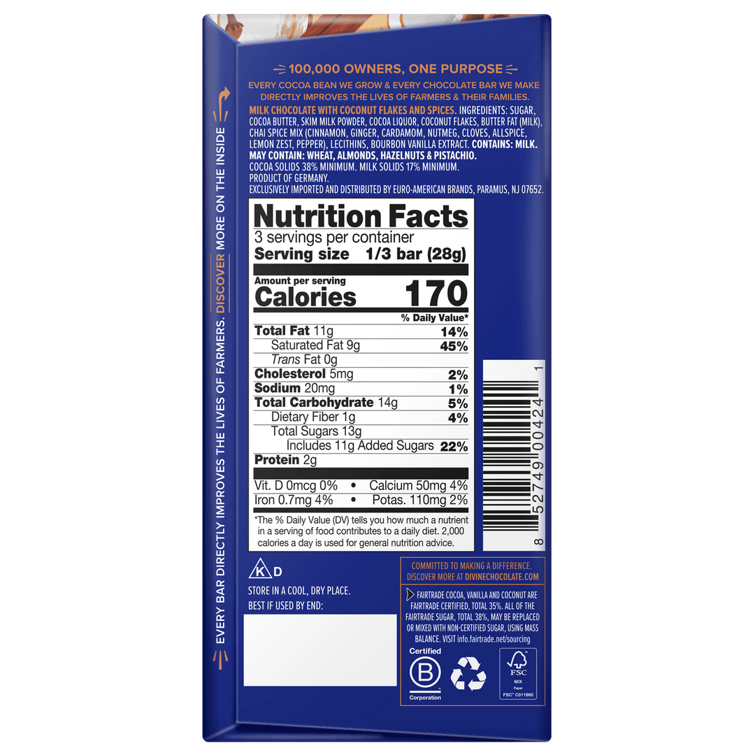 The back of a dark blue chocolate bar package, showing the Nutrition Facts panel, ingredients list, barcode, and recycling icons on a white background.