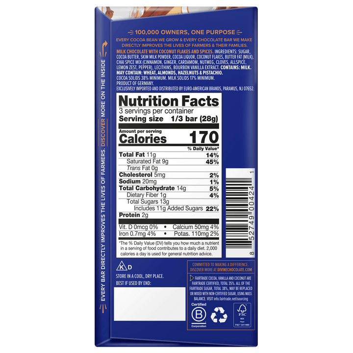 The back of a dark blue chocolate bar package, showing the Nutrition Facts panel, ingredients list, barcode, and recycling icons on a white background.