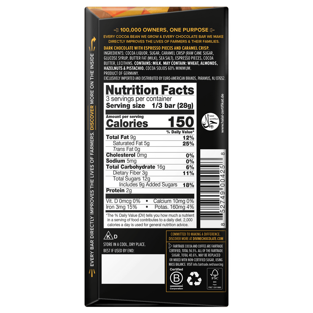 The back of a dark brown chocolate bar package, showing the Nutrition Facts panel with serving size, calories, and nutritional information. The packaging also includes a barcode, ingredient list, and a small circular logo for 'The Farmer's Market'.