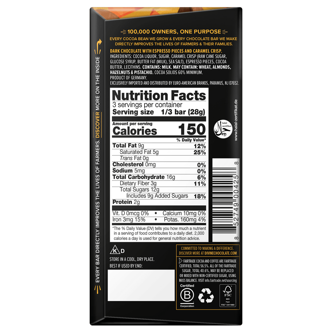 The back of a dark brown chocolate bar package, showing the Nutrition Facts panel with serving size, calories, and nutritional information. The packaging also includes a barcode, ingredient list, and a small circular logo for 'The Farmer's Market'.
