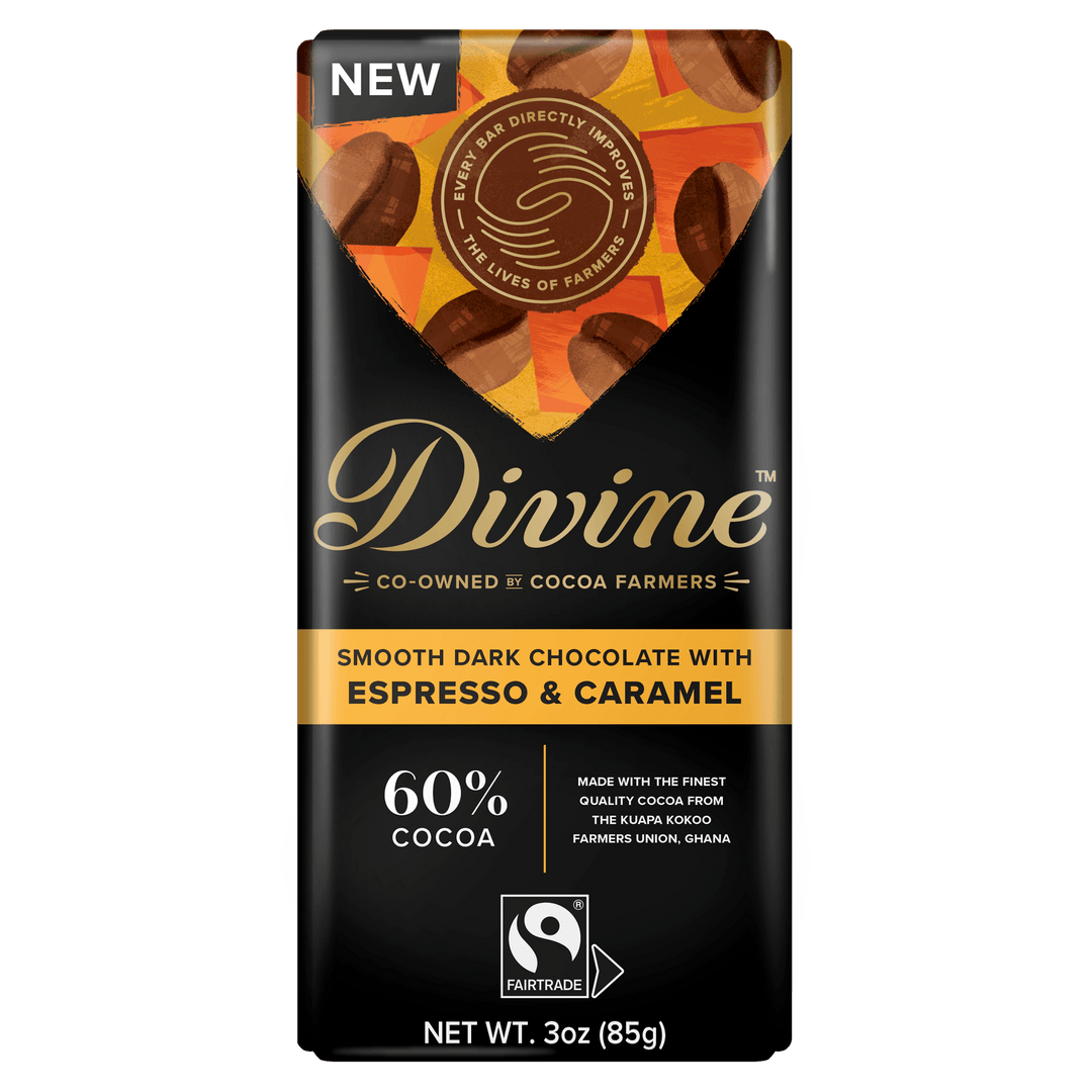 Divine chocolate bar packaging with dark background