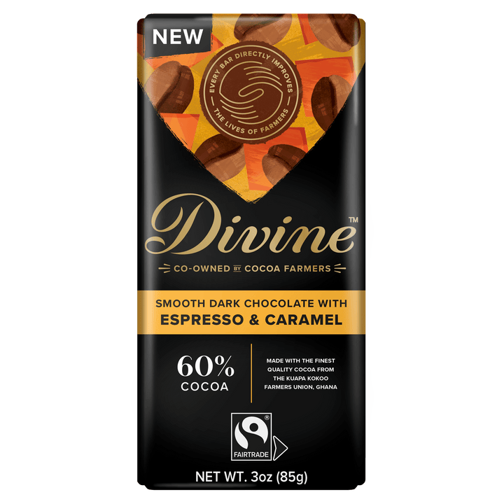Divine chocolate bar packaging with dark background