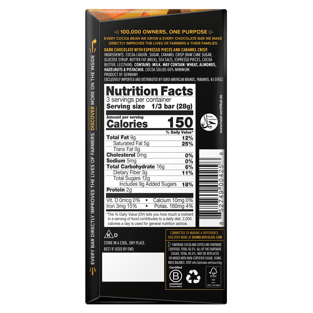 Nutrition facts label on a chocolate bar packaging