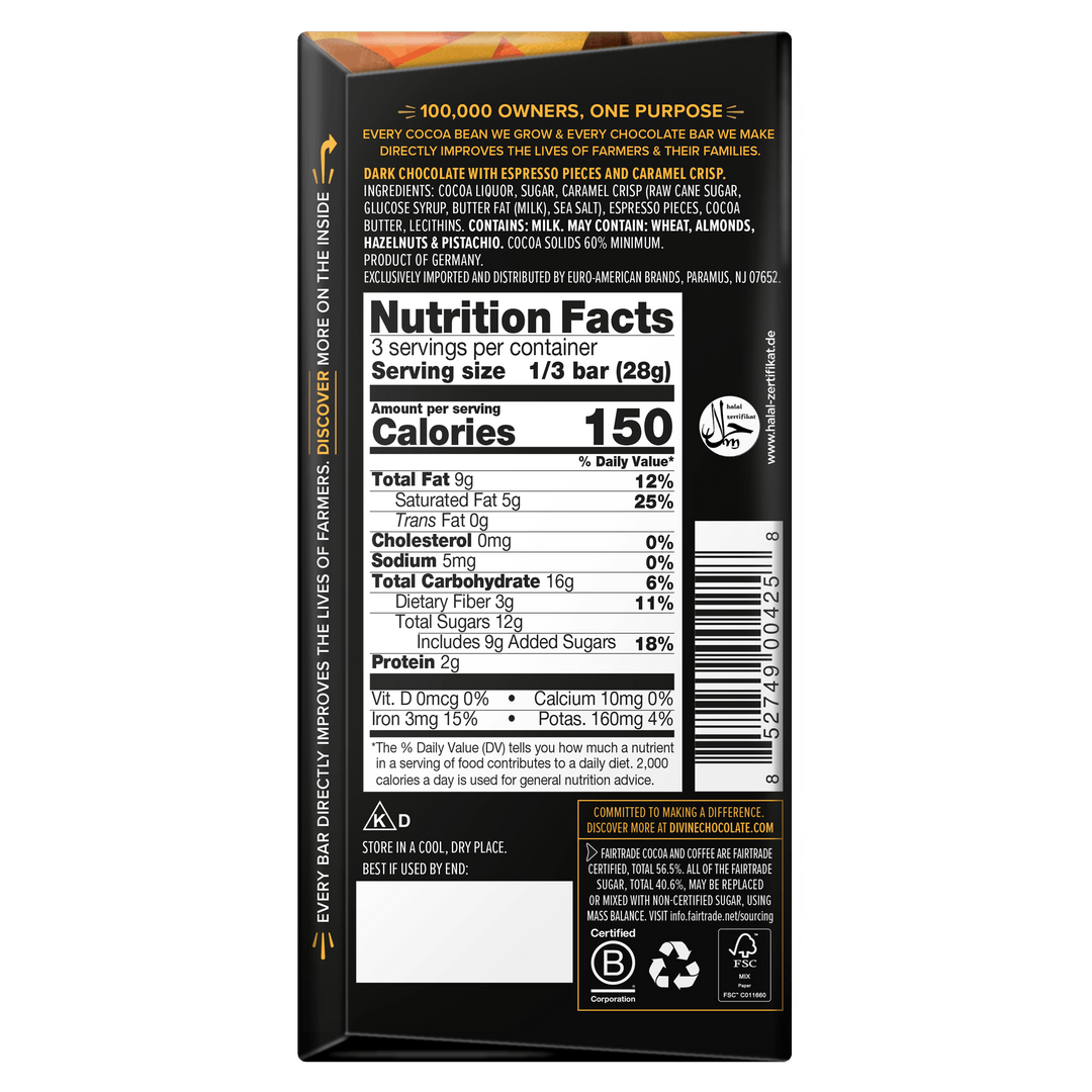 Nutrition facts label on a chocolate bar packaging