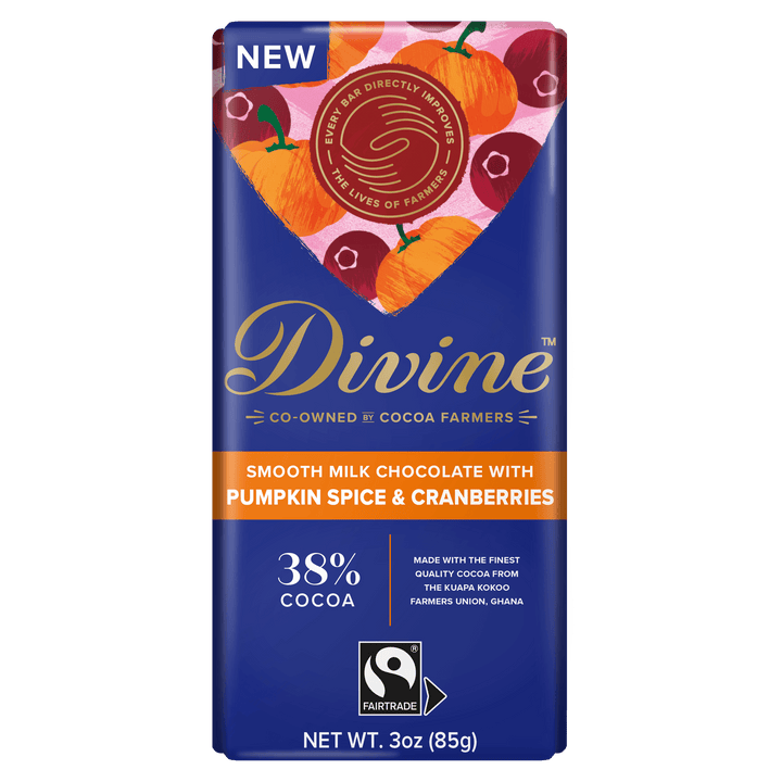 Divine chocolate bar packaging with pumpkin spice and cranberries flavor 