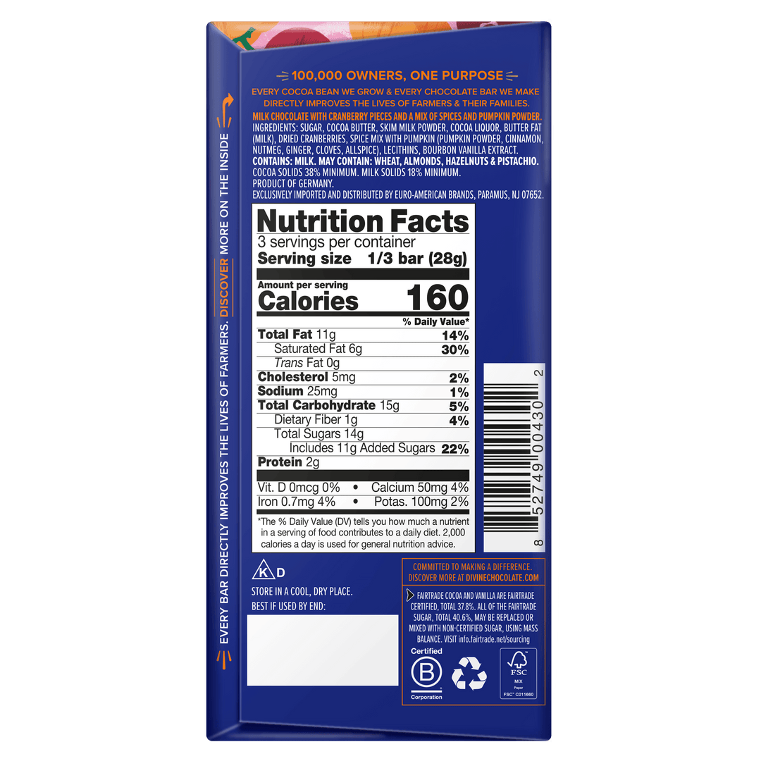 Nutrition facts label on a blue chocolate bar packaging