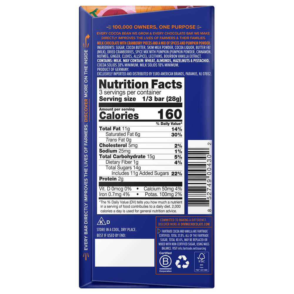 The back panel of a blue bag of Cacao Lane Cocoa Butter Flavors chocolate milk powder, showing nutrition facts, ingredients, and handling instructions on a white background.