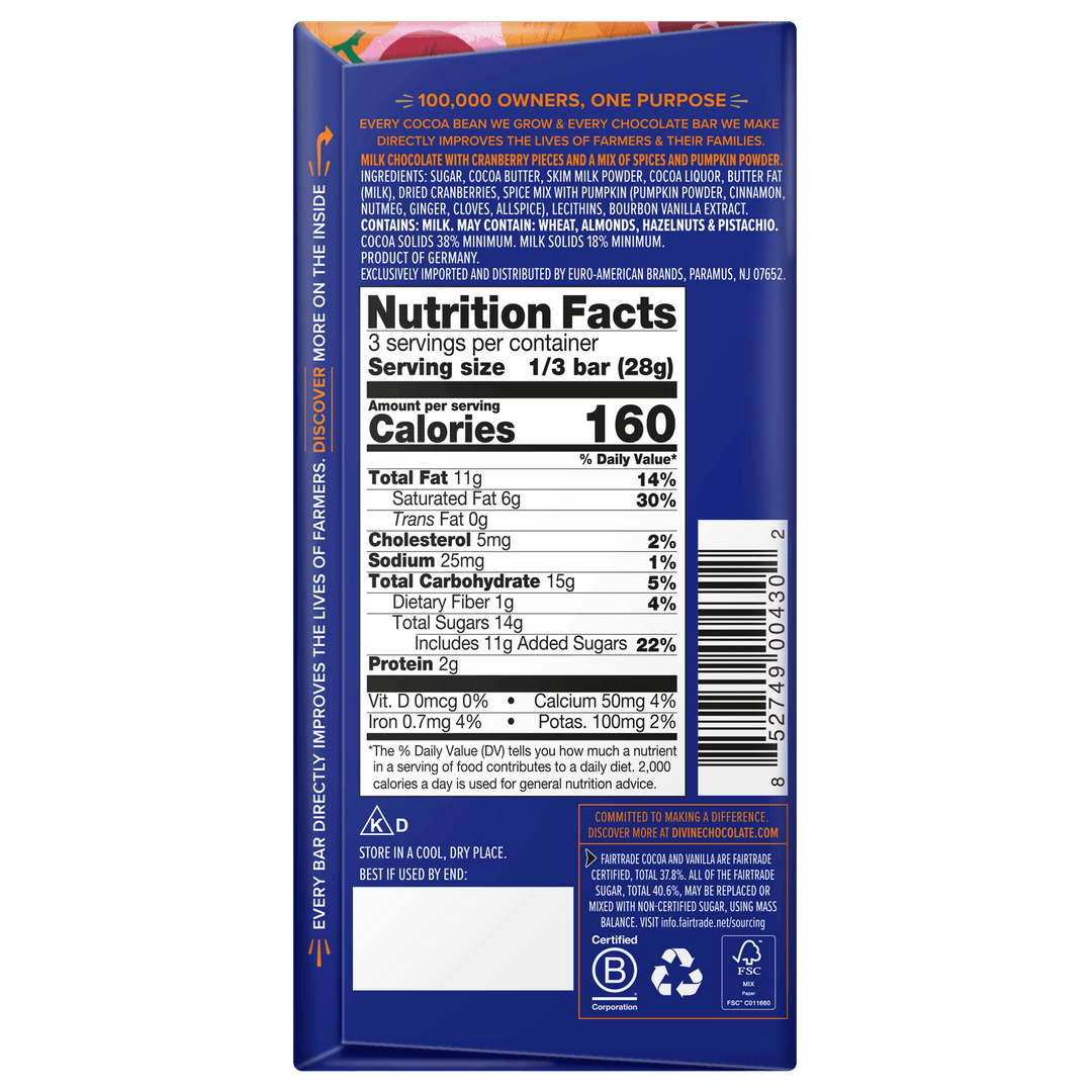The back panel of a blue bag of Cacao Lane Cocoa Butter Flavors chocolate milk powder, showing nutrition facts, ingredients, and handling instructions on a white background.