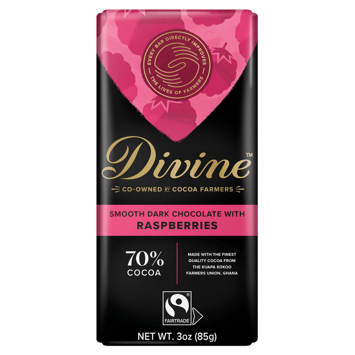 A 3 oz Divine Smooth Dark Chocolate with Raspberries bar, featuring a black and pink wrapper with gold and white text, and a Fairtrade logo at the bottom.