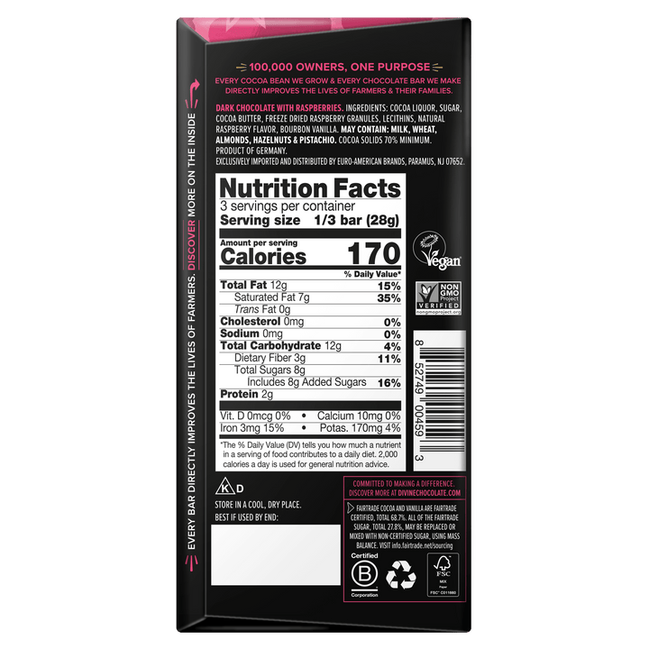 The back of a dark chocolate bar package, showing the Nutrition Facts panel, ingredients list, allergen information, and a Vegan logo, photographed on a plain white background.