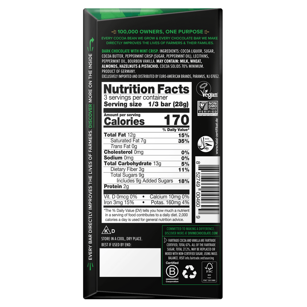 The back panel of a chocolate bar package showing Nutrition Facts, ingredients, allergens, and a barcode on a white background.
