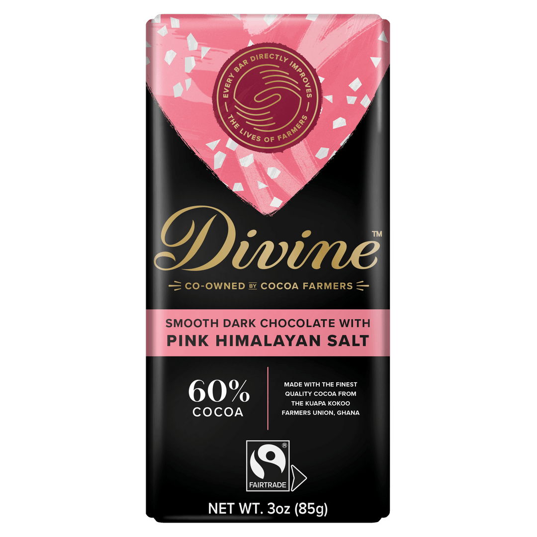 A 3 oz bar of Divine Chocolate with Pink Himalayan Salt, featuring a black wrapper with a pink heart design and gold and white text.