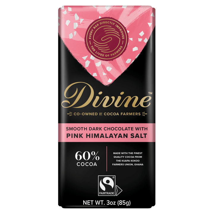 A 3 oz bar of Divine Chocolate with Pink Himalayan Salt, featuring a black wrapper with a pink heart design and gold and white text.