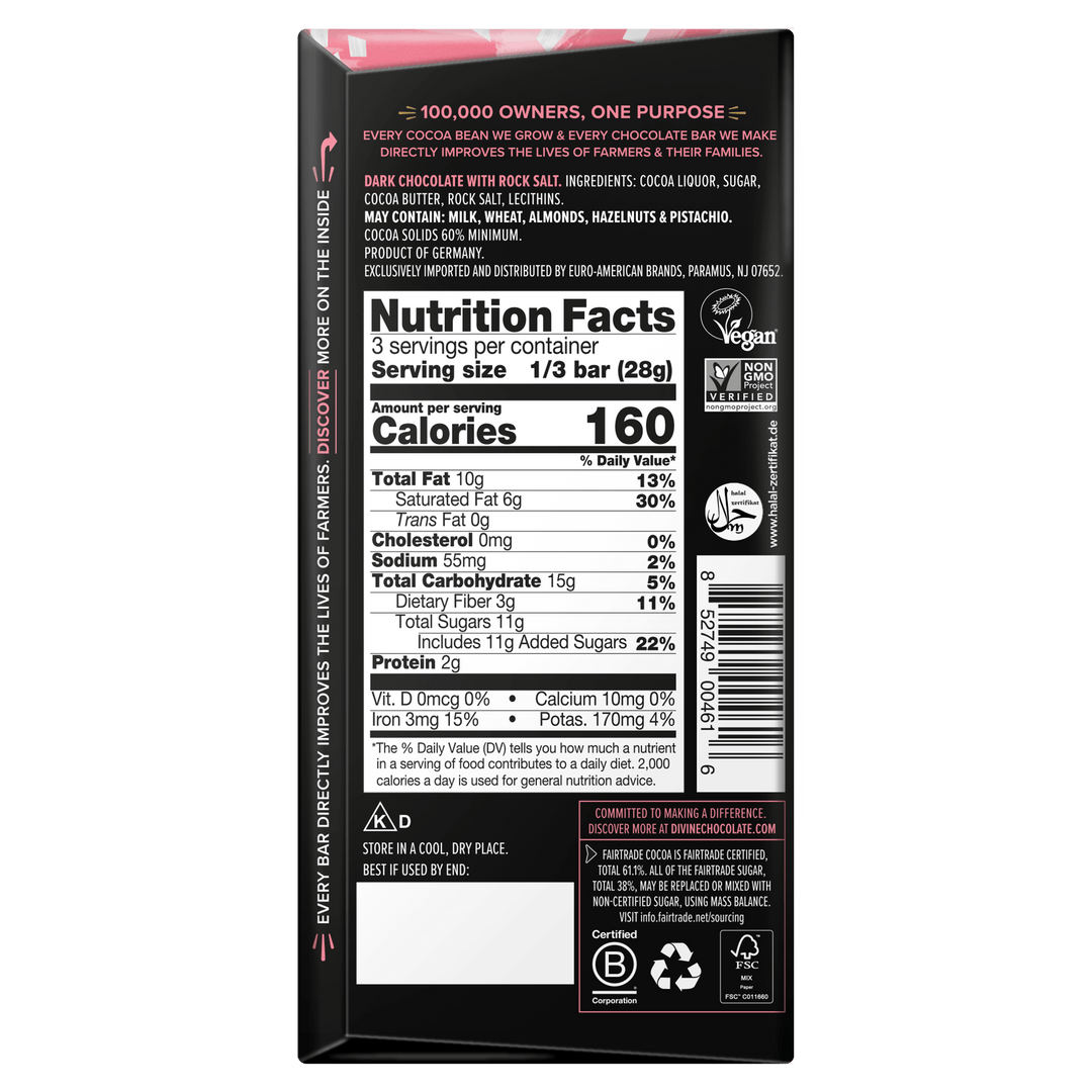 The back panel of a dark chocolate bar package, showing nutrition facts, ingredients, allergens, and product details on a black background.