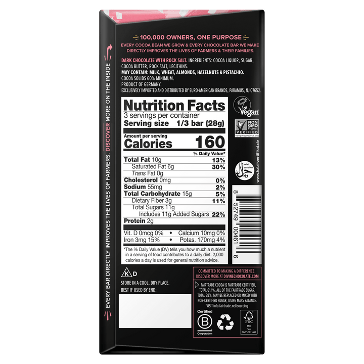 The back panel of a dark chocolate bar package, showing nutrition facts, ingredients, allergens, and product details on a black background.