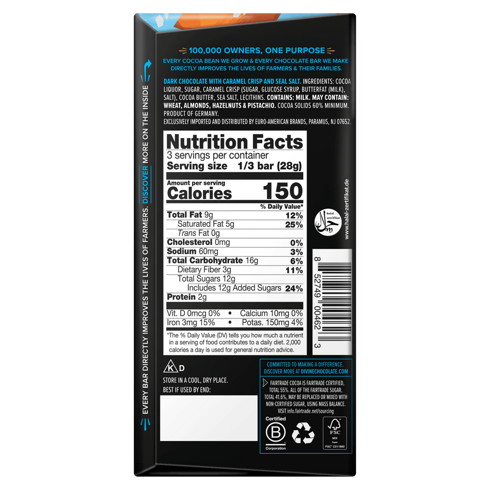The back panel of a dark chocolate bar package, showing the Nutrition Facts label with serving size, calories, and ingredients information on a black background.