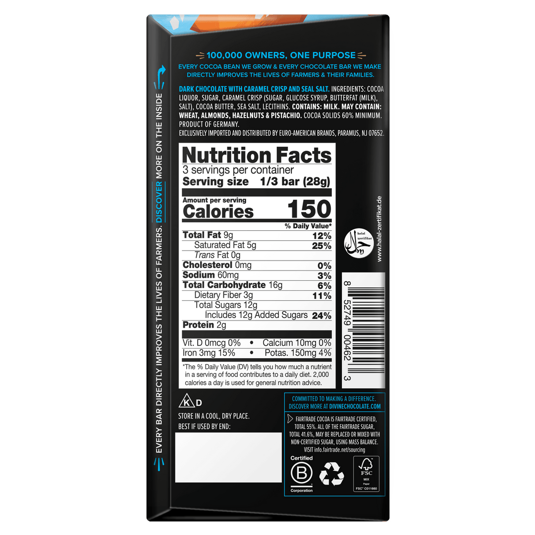 The back panel of a dark chocolate bar package, showing the Nutrition Facts label with serving size, calories, and ingredients information on a black background.