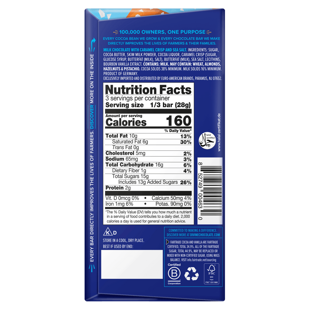 The back panel of a blue chocolate bar wrapper showing the Nutrition Facts label, ingredients list, and company information for Lindt Cocoa & Milk Chocolate.