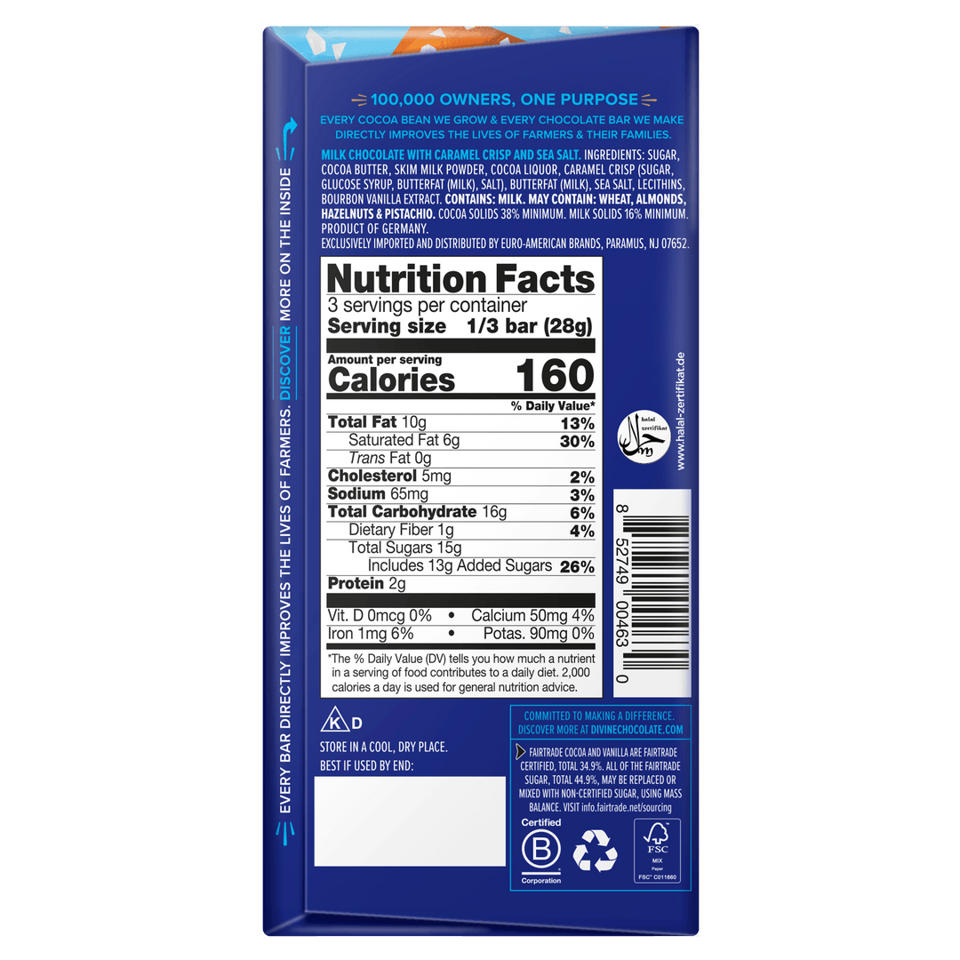The back panel of a blue chocolate bar wrapper showing the Nutrition Facts label, ingredients list, and company information for Lindt Cocoa & Milk Chocolate.