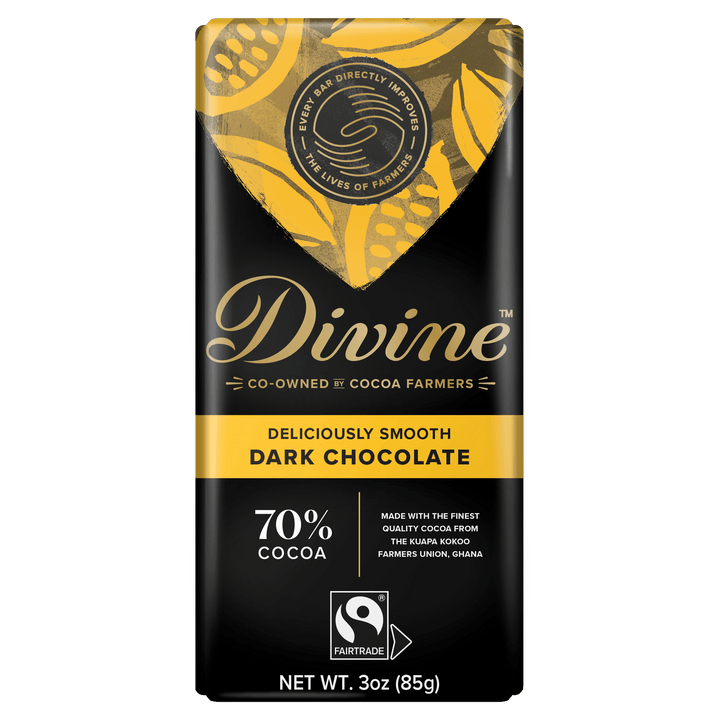 Divine 70% cocoa dark chocolate bar in black and gold packaging, co-owned by cocoa farmers and Fairtrade certified.