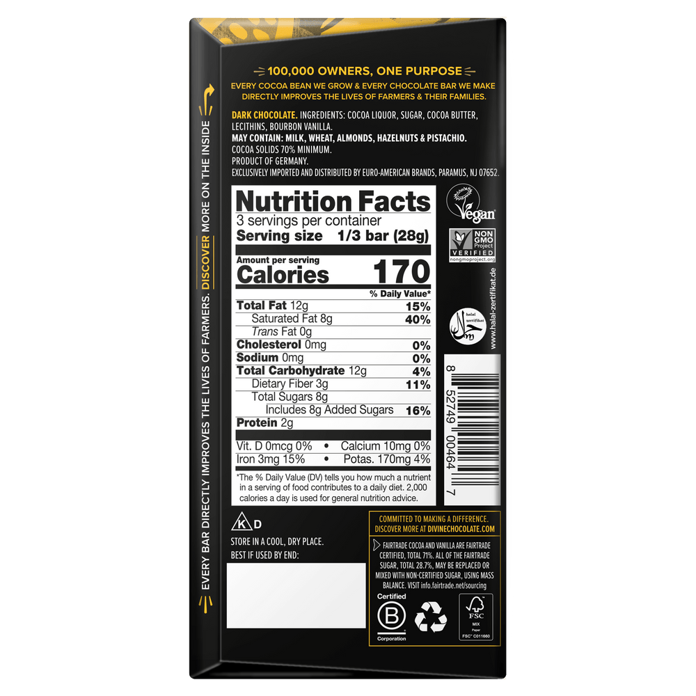 Back of Divine 70% dark chocolate bar packaging showing ingredients, Nutrition Facts, allergen information, certifications, and barcode.