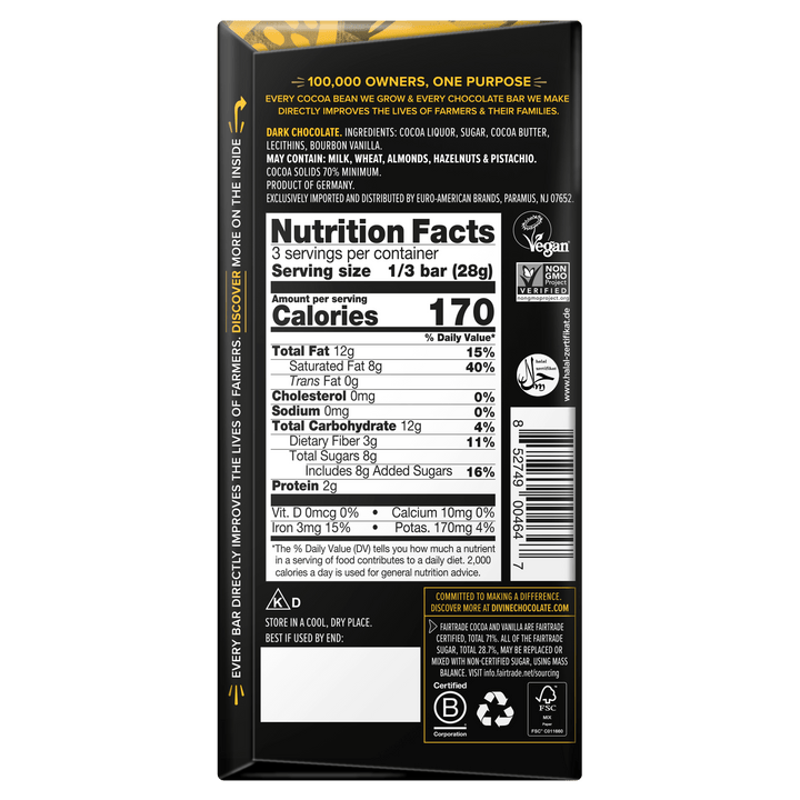 Back of Divine 70% dark chocolate bar packaging showing ingredients, Nutrition Facts, allergen information, certifications, and barcode.