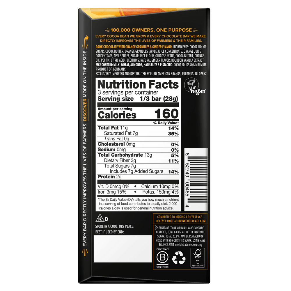 The back of a 1/3 bar chocolate bar package by Ecko Unltd, featuring a black background with white text, a gold band at the top, and a central gray nutrition facts panel.