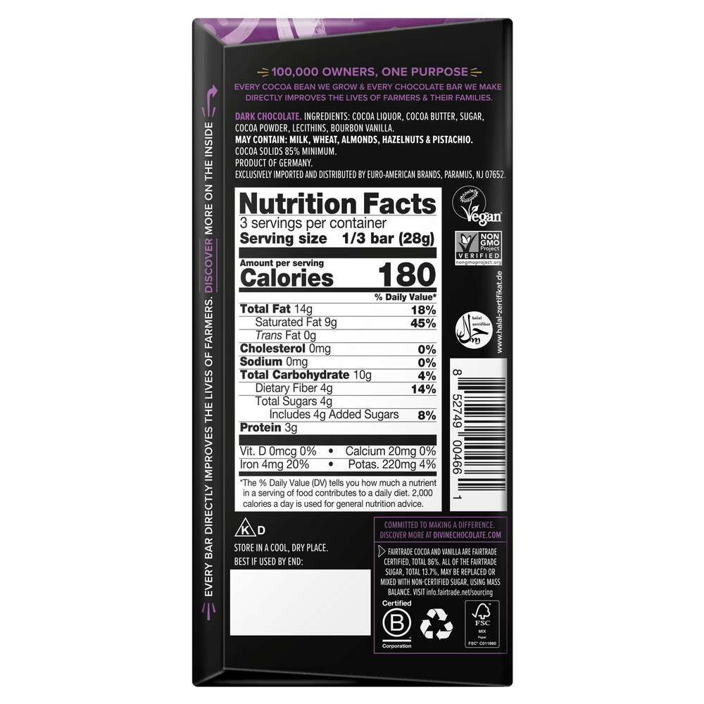 Back of Divine 85% dark chocolate bar packaging showing ingredients, Nutrition Facts, allergen information, certifications, and barcode.