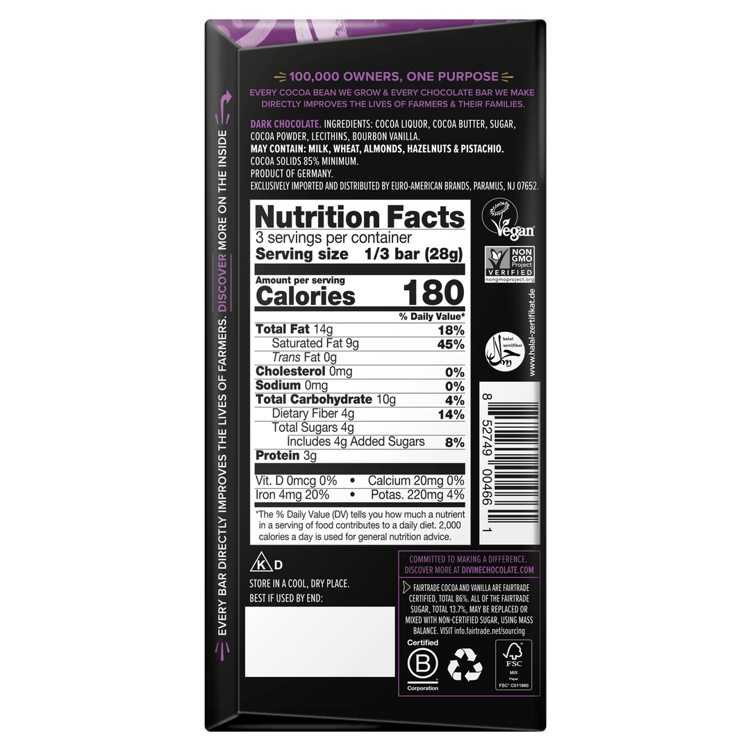 Back of Divine 85% dark chocolate bar packaging showing ingredients, Nutrition Facts, allergen information, certifications, and barcode.