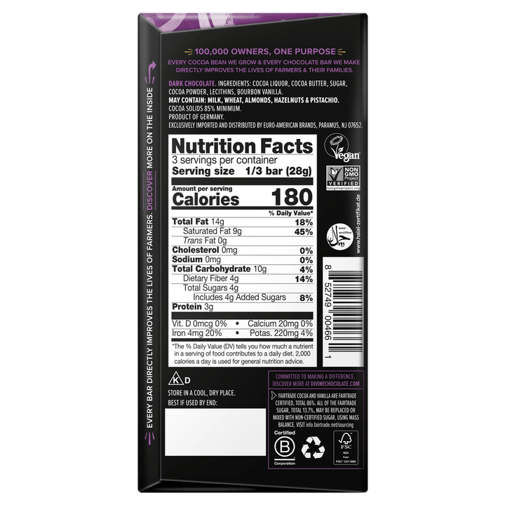 Back of Divine 85% dark chocolate bar packaging showing ingredients, Nutrition Facts, allergen information, certifications, and barcode.