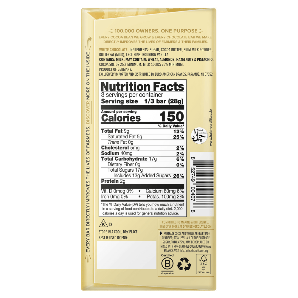 The back of a milk chocolate bar package, showing Nutrition Facts, ingredients, and storage information on a light beige background.