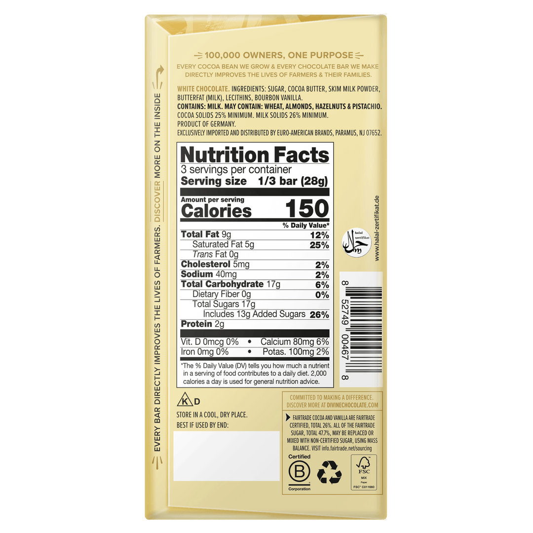 The back of a milk chocolate bar package, showing Nutrition Facts, ingredients, and storage information on a light beige background.