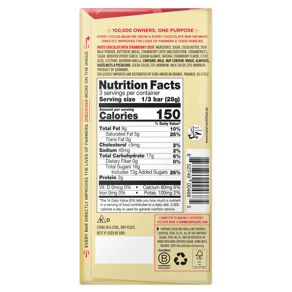 The back of a 1/3 bar chocolate snack bag showing detailed nutrition facts, ingredients, and branding on a beige background.