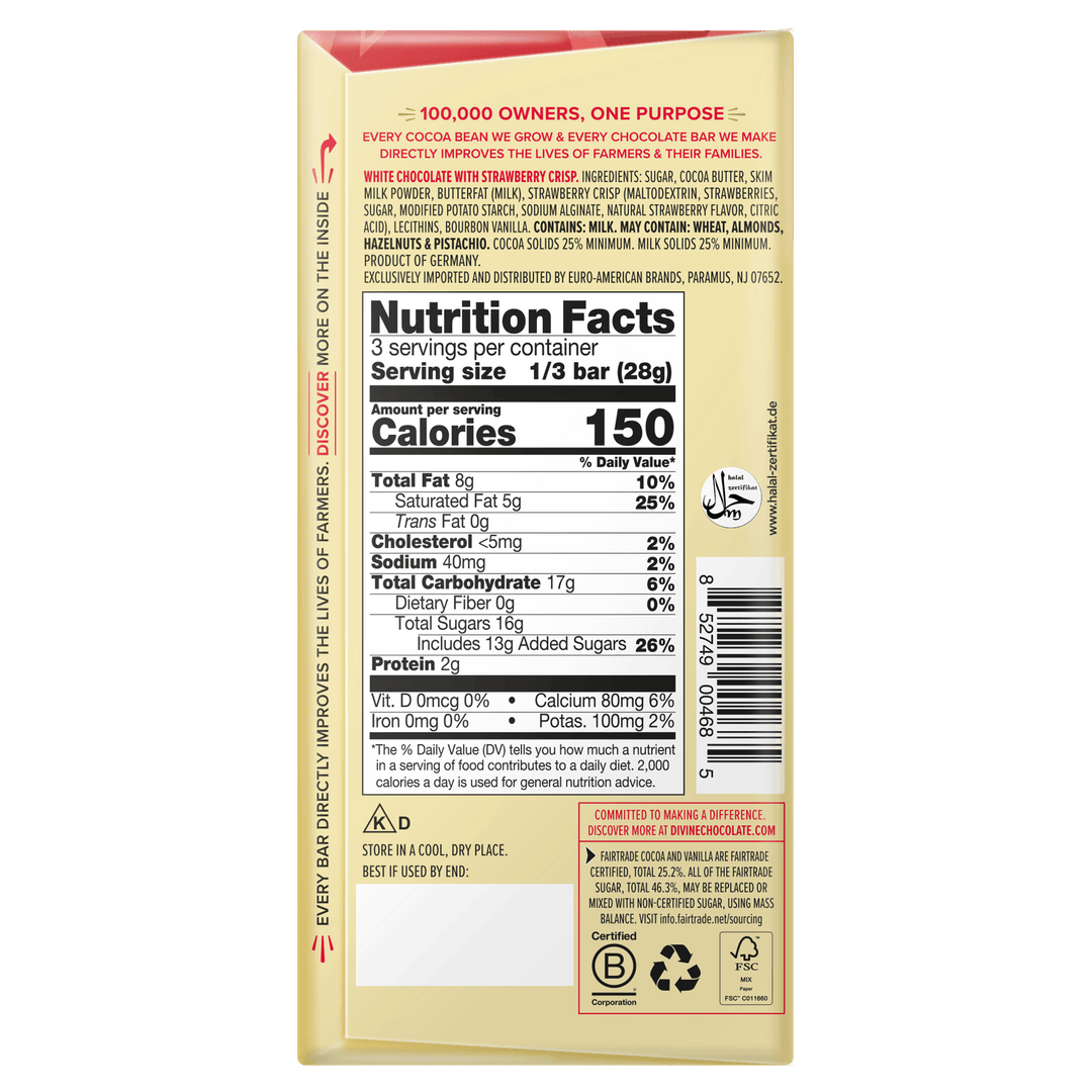 The back of a 1/3 bar chocolate snack bag showing detailed nutrition facts, ingredients, and branding on a beige background.
