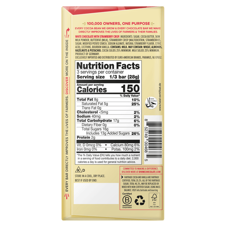 The back of a 1/3 bar chocolate snack bag showing detailed nutrition facts, ingredients, and branding on a beige background.