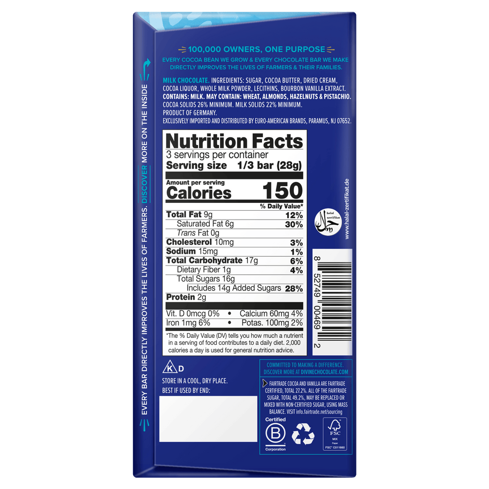 The back of a dark blue Ever Bar chocolate bar packaging, displaying the Nutrition Facts label, ingredients, barcode, and company information.