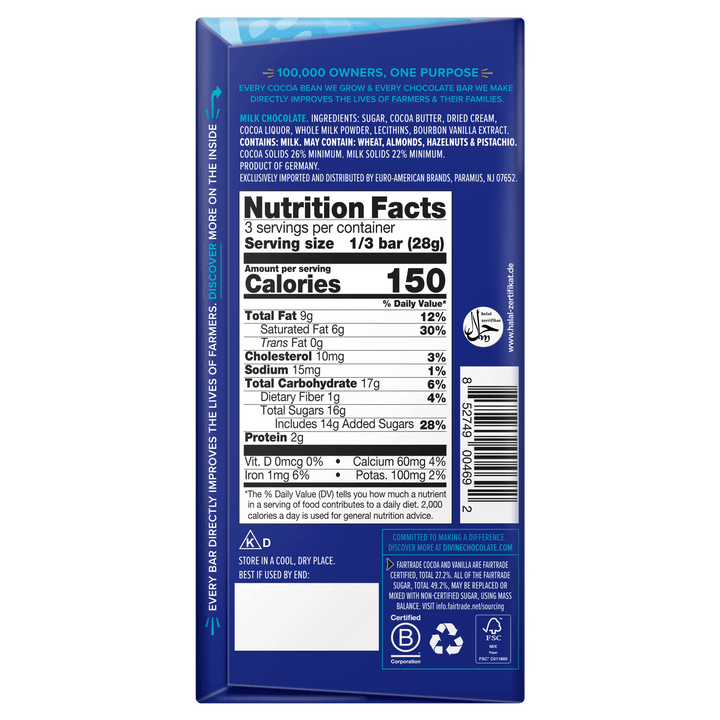 The back of a dark blue Ever Bar chocolate bar packaging, displaying the Nutrition Facts label, ingredients, barcode, and company information.