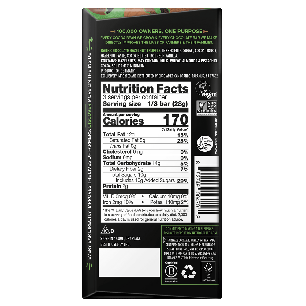 The back of a dark chocolate bar package showing the Nutrition Facts panel, ingredients, and branding on a black background.
