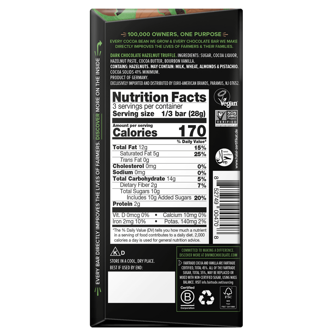 The back of a dark chocolate bar package showing the Nutrition Facts panel, ingredients, and branding on a black background.