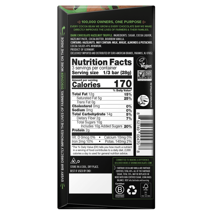 The back of a dark chocolate bar package showing the Nutrition Facts panel, ingredients, and branding on a black background.