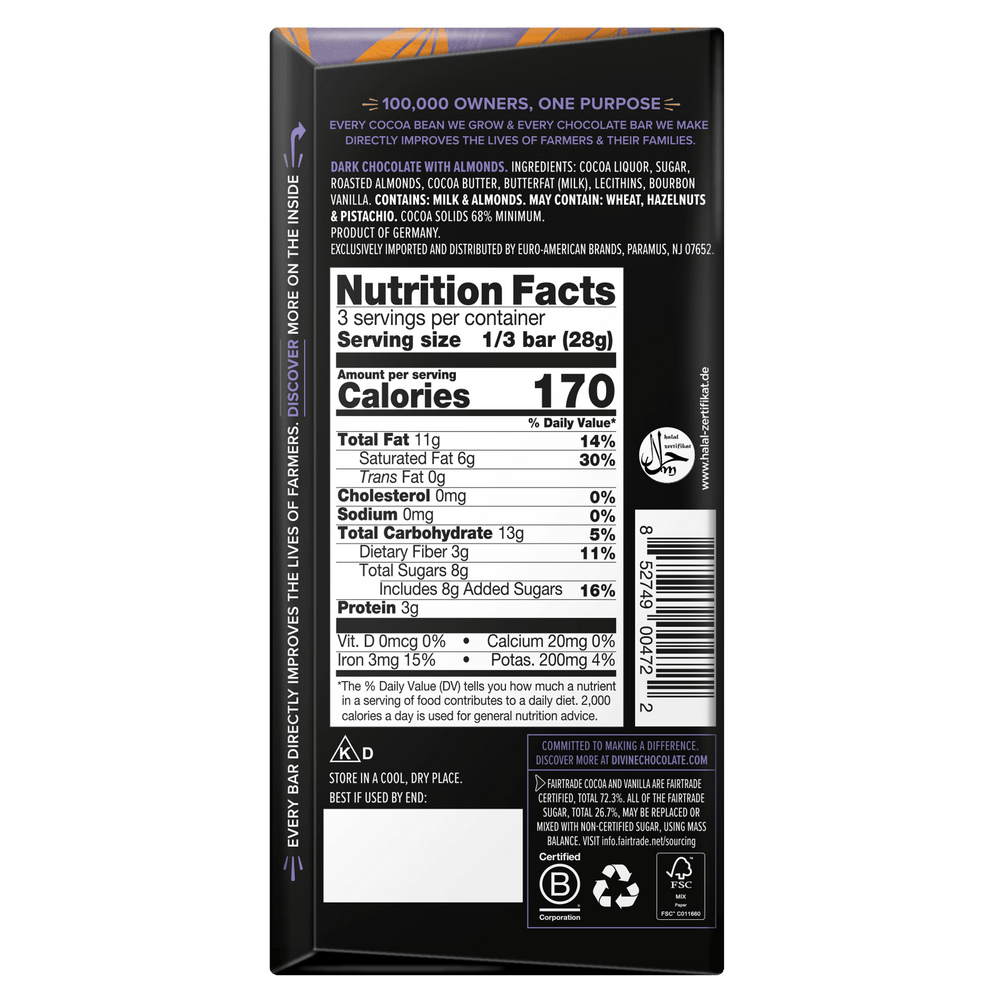The back of a dark chocolate bar package showing Nutrition Facts, ingredients, and storage information on a plain white background.